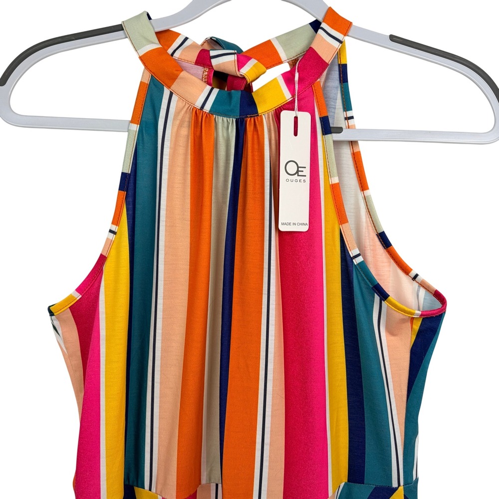 OUGES Striped Halter Skater Dress Small Multicolor Rainbow Fit and Flare